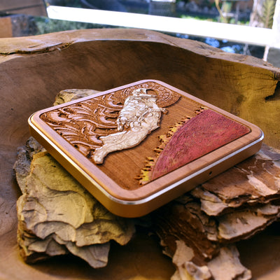 Wood wireless charger placed on modern desk with iPhone & Samsung, hand-painted design charging pad offering fast wireless power for tech enthusiasts