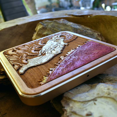 Close-up of iPhone & Samsung charging on wood wireless charger with fast charging, modern desk pad with sleek wooden design for home or office use