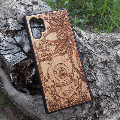 Wooden phone case featuring a detailed deep-sea diver and kraken design, laser-engraved for iPhone , iPhone 15, Samsung Galaxy S, and other models. A must-have for fans of nautical and mythical art.