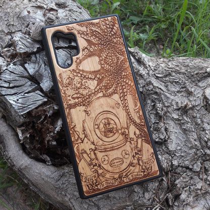 Wooden phone case featuring a detailed deep-sea diver and kraken design, laser-engraved for iPhone 16, iPhone 15, Samsung Galaxy S25, and other models. A must-have for fans of nautical and mythical art.