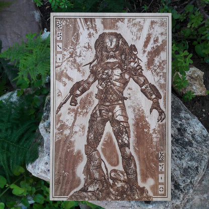 Predator laser-engraved wood art – unique sci-fi home decor