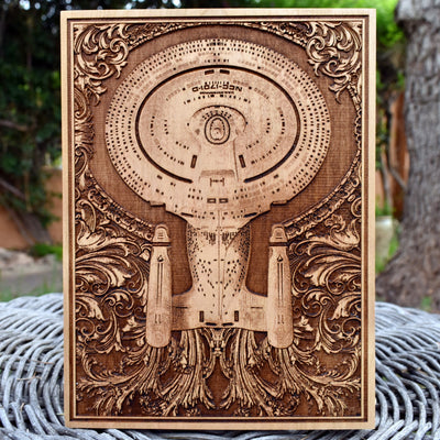 Handmade wooden artwork 'Intergalactic Ship V Enterprise - Mini' – wood gift for 5 year anniversary, wedding present, gift for him or her, romantic handcrafted decor