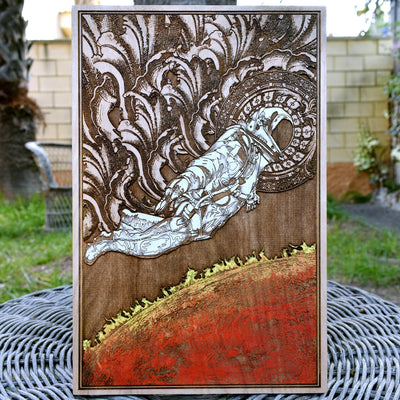 Hand-painted astronaut art on wood, galaxy-inspired wall decor.