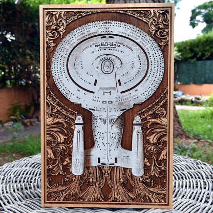Hand-painted sci-fi starship wood art, Enterprise-inspired decor