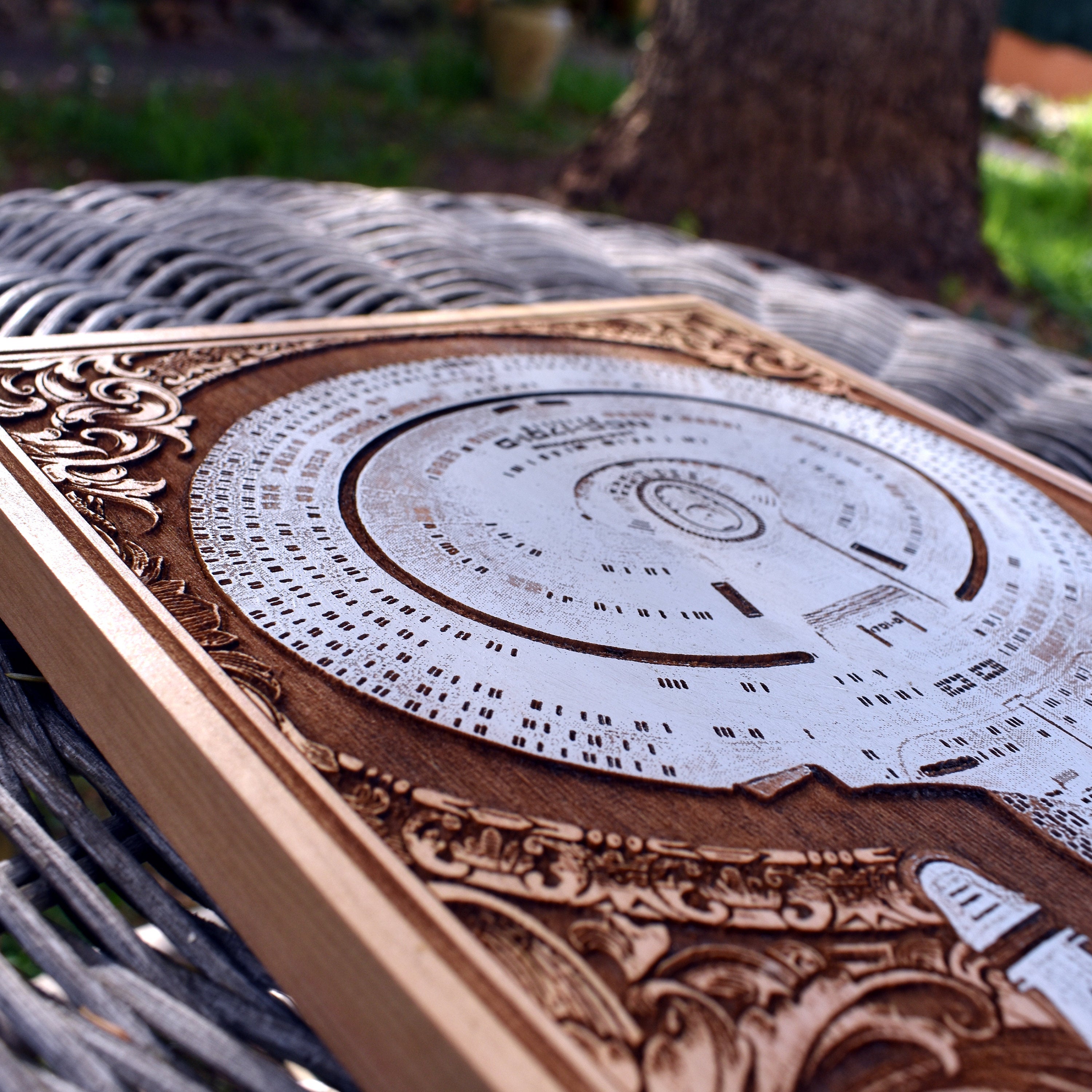 Space-themed wooden wall art featuring a futuristic starship