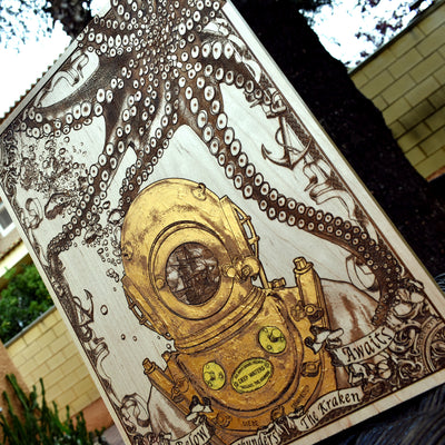 Rustic wooden wall decor featuring kraken and vintage dive helmet
