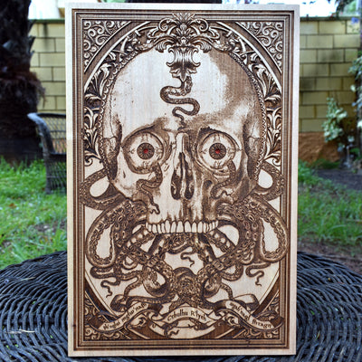 Cthulhu skull wood engraving with tentacles, HP Lovecraft horror art