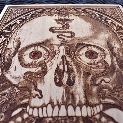 Handcrafted wood wall art of Cthulhu skull for gothic decor