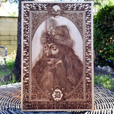 Handcrafted wood artwork of Vlad Tepes the Impaler, gothic wall decor.