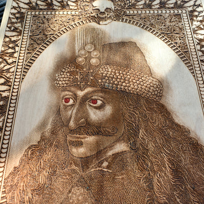 Horror-themed Vlad Tepes wood engraving, perfect for gothic lovers.