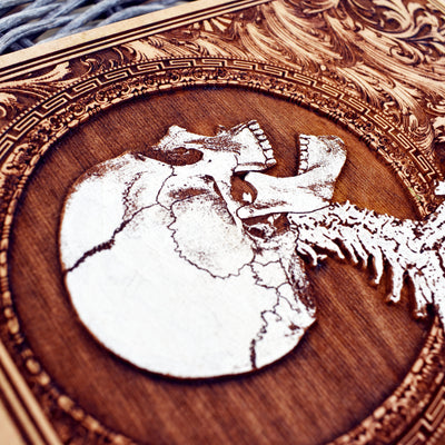 Creepy skeleton artwork, handmade gothic decor piece on wood