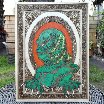 Wooden wall art of Creature from the Black Lagoon with engraved design