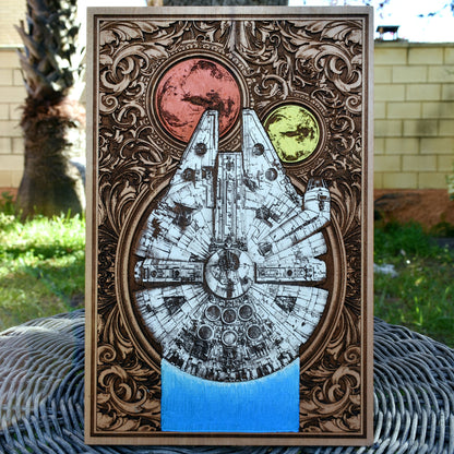 Hand-painted Millennium Falcon wood artwork, Star Wars-inspired decor