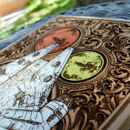 Sci-fi themed Millennium Falcon wooden panel, perfect for Star Wars fans