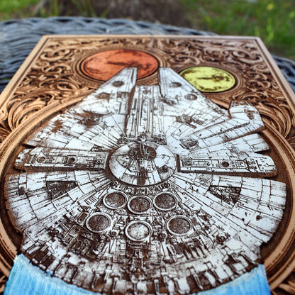 Engraved Millennium Falcon ship on premium wood, detailed space decor