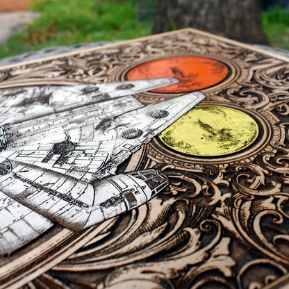 Handcrafted wooden Millennium Falcon art for Star Wars collectors.