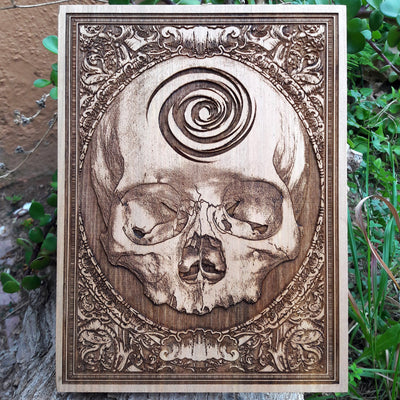 Handmade wooden artwork 'Infinitum Skull - Mini' – wood gift for 5 year anniversary, wedding present, gift for him or her, romantic handcrafted decor