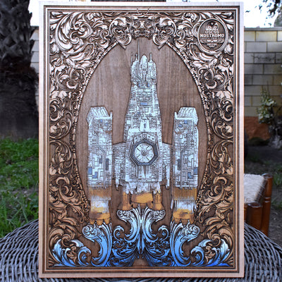 Engraved Nostromo ship from Alien movie on handcrafted maple wood.