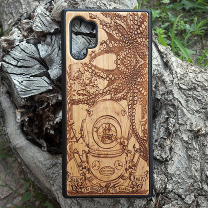 Wooden phone case featuring a detailed deep-sea diver and kraken design, laser-engraved for iPhone 16, iPhone 15, Samsung Galaxy S25, and other models. A must-have for fans of nautical and mythical art.