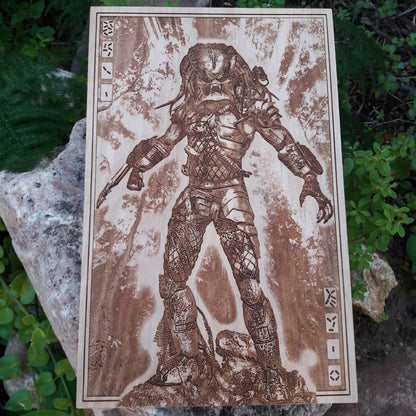 Sci-fi Predator wall decor – engraved wooden artwork for collectors
