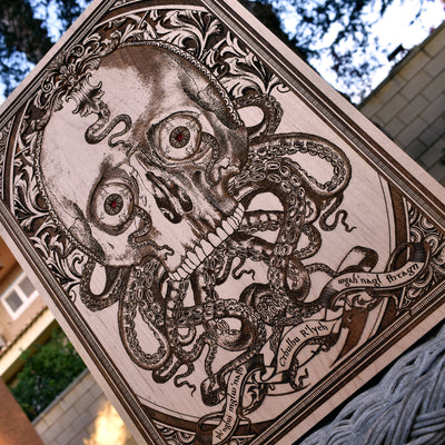 Lovecraft horror skull wall plaque with carved tentacles