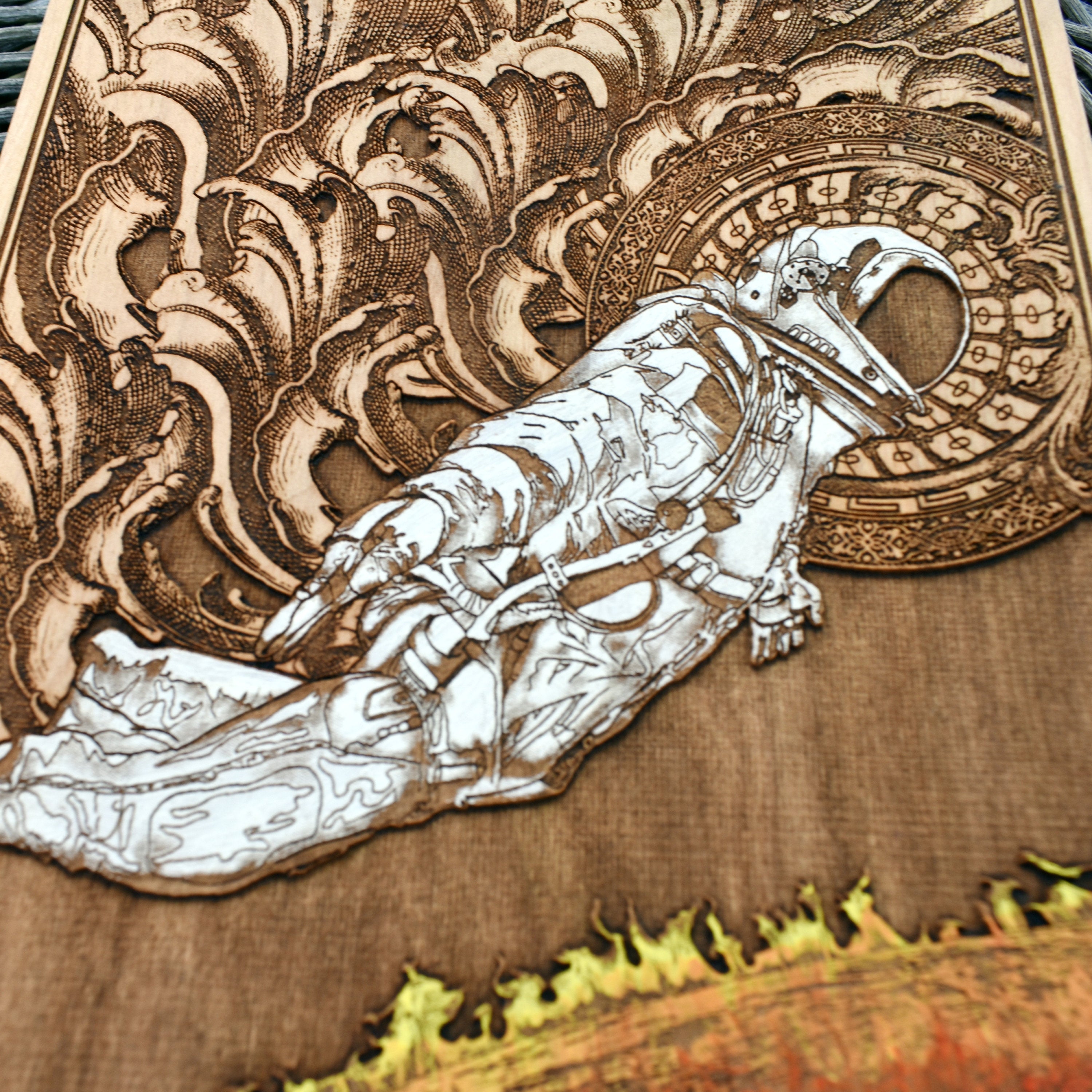 Astronaut floating in space, detailed hand-painted wood art.