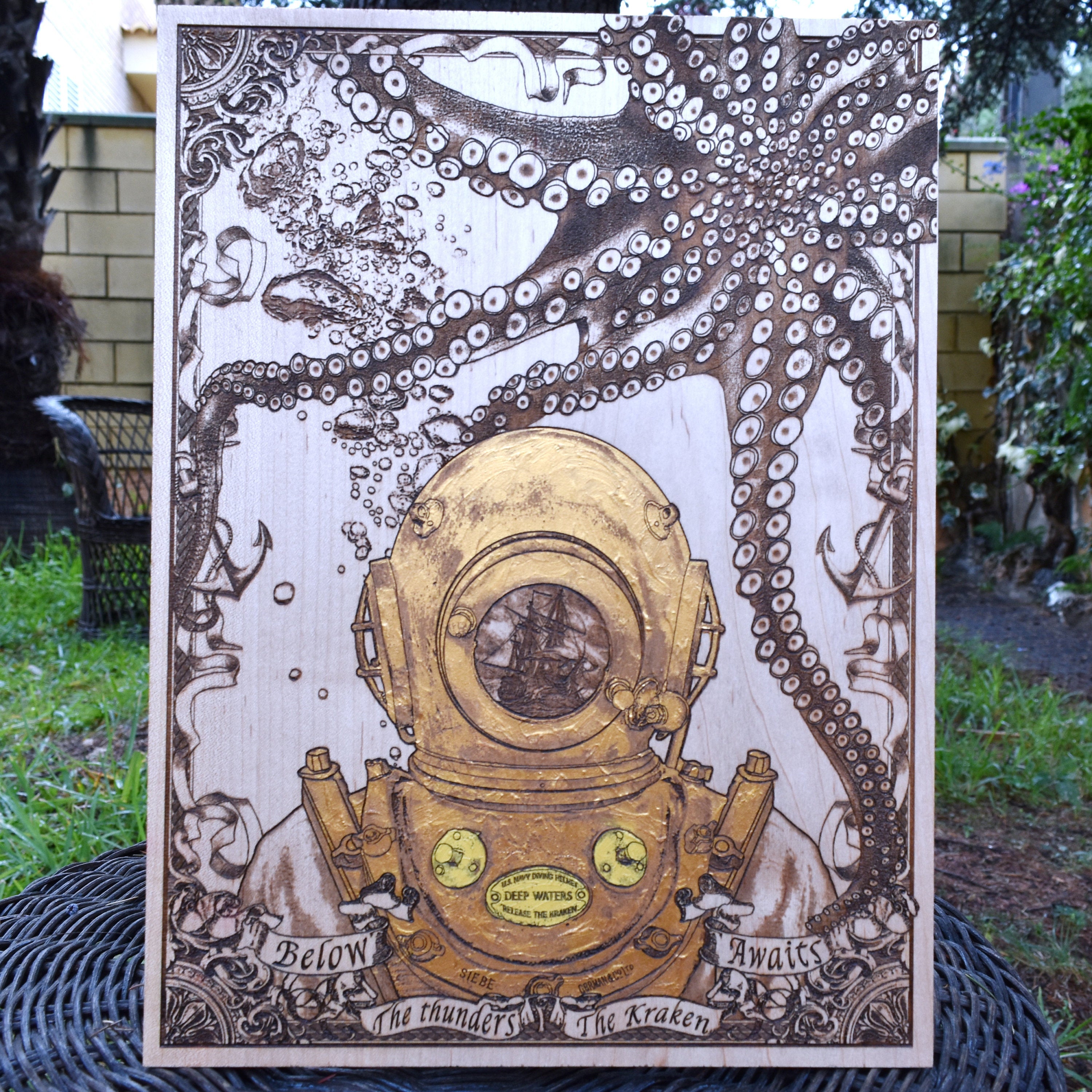 Kraken deep sea diver helmet wood wall art for nautical-themed rooms