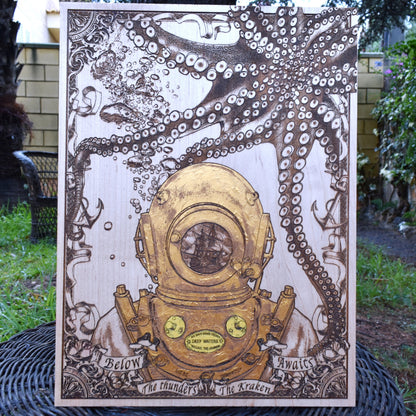 Kraken deep sea diver helmet wood wall art for nautical-themed rooms