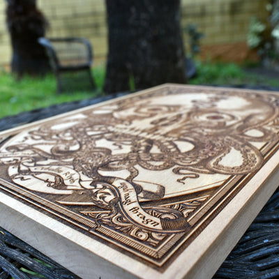 Dark fantasy horror decor, Cthulhu-inspired wooden artwork