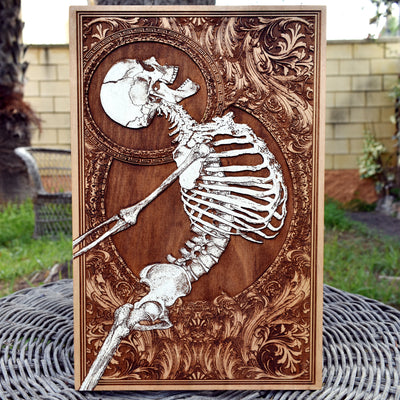 Hand-painted skeleton gothic art on wood, macabre horror decor