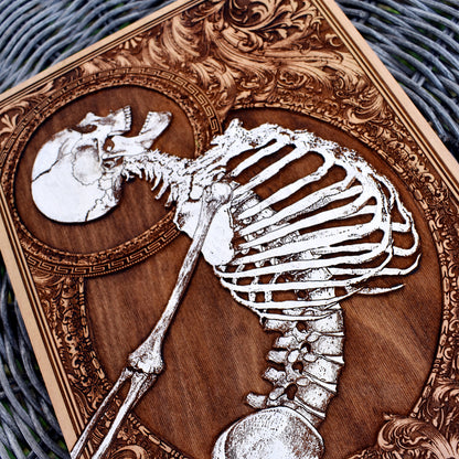Skeleton horror painting, gothic art on wood for eerie home aesthetics