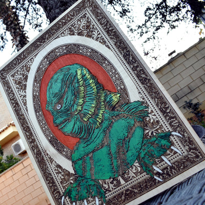 Hand-painted wood plaque featuring the Creature from the Black Lagoon