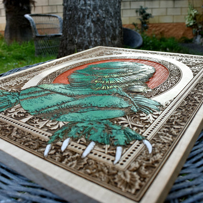 Vintage horror movie-inspired wood wall art of the Gill-man.