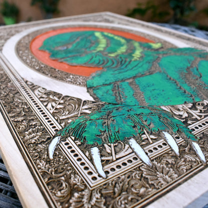 Engraved maple wood art depicting Creature from the Black Lagoon scene