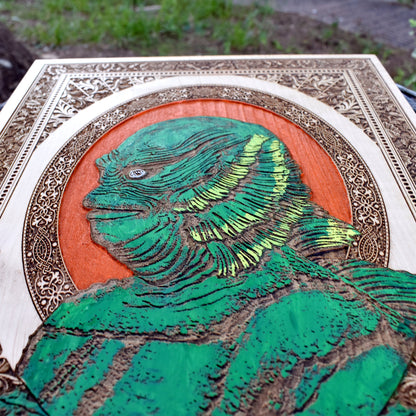 Classic monster movie wooden wall decor featuring the Gill-man.