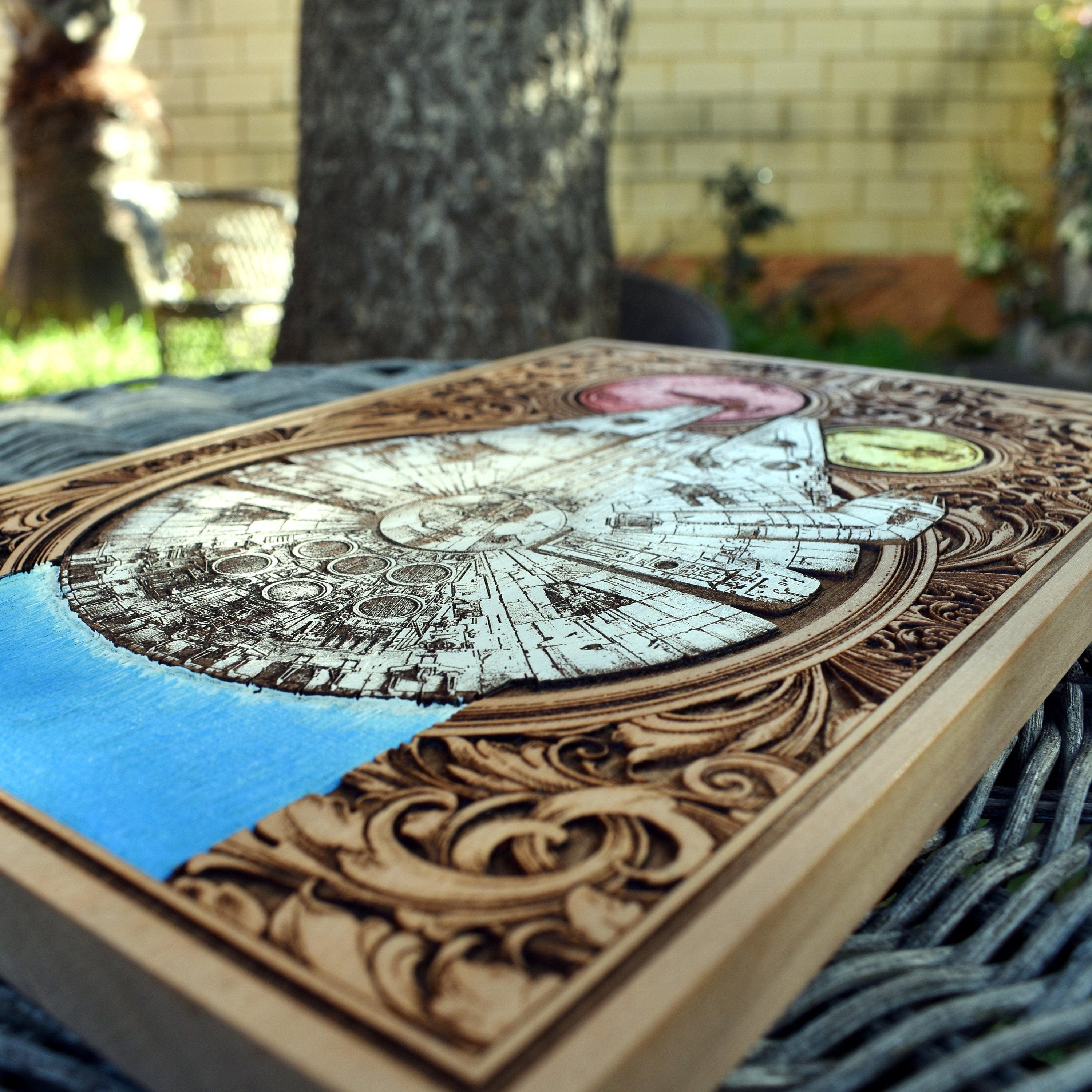 Custom Millennium Falcon art on wood, handcrafted collector’s gift