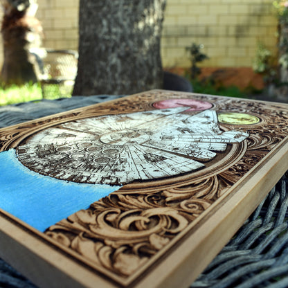 Custom Millennium Falcon art on wood, handcrafted collector’s gift