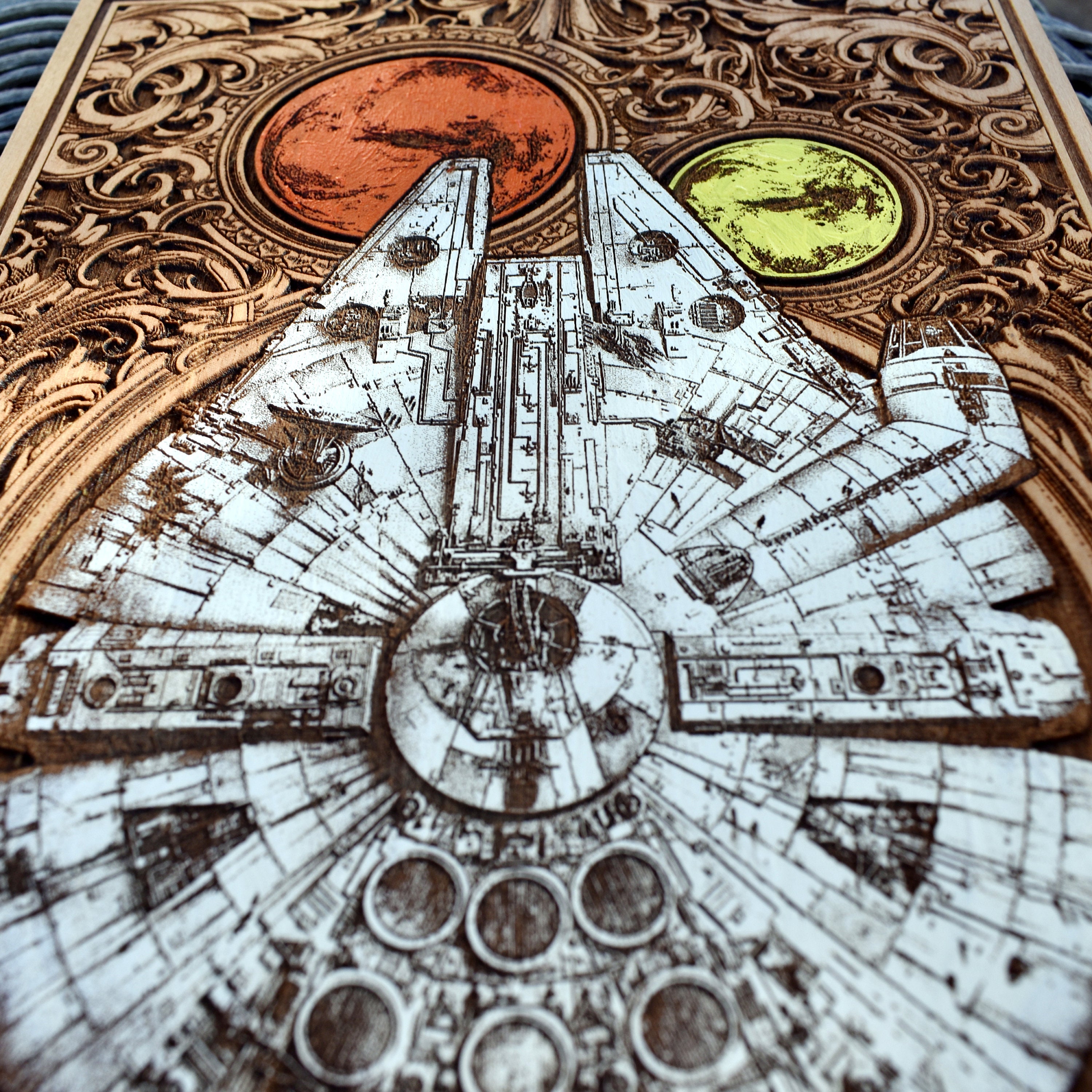 Star Wars wood art featuring the Millennium Falcon, laser-engraved details