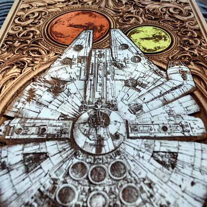 Star Wars wood art featuring the Millennium Falcon, laser-engraved details