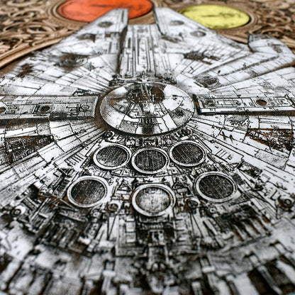 Detailed Millennium Falcon spaceship design engraved on real wood.