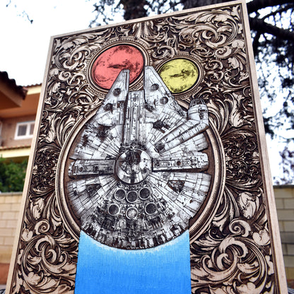 Star Wars themed Millennium Falcon wood artwork, sci-fi home decor.