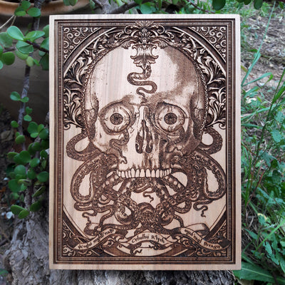 Handmade wooden artwork 'Cthulhu - Mini' – wood gift for 5 year anniversary, wedding present, gift for him or her, romantic handcrafted decor