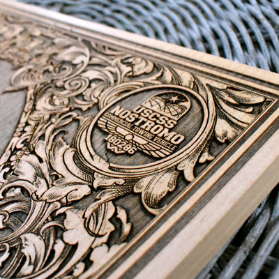 Sci-fi spaceship Nostromo artwork, engraved on wooden plaque.