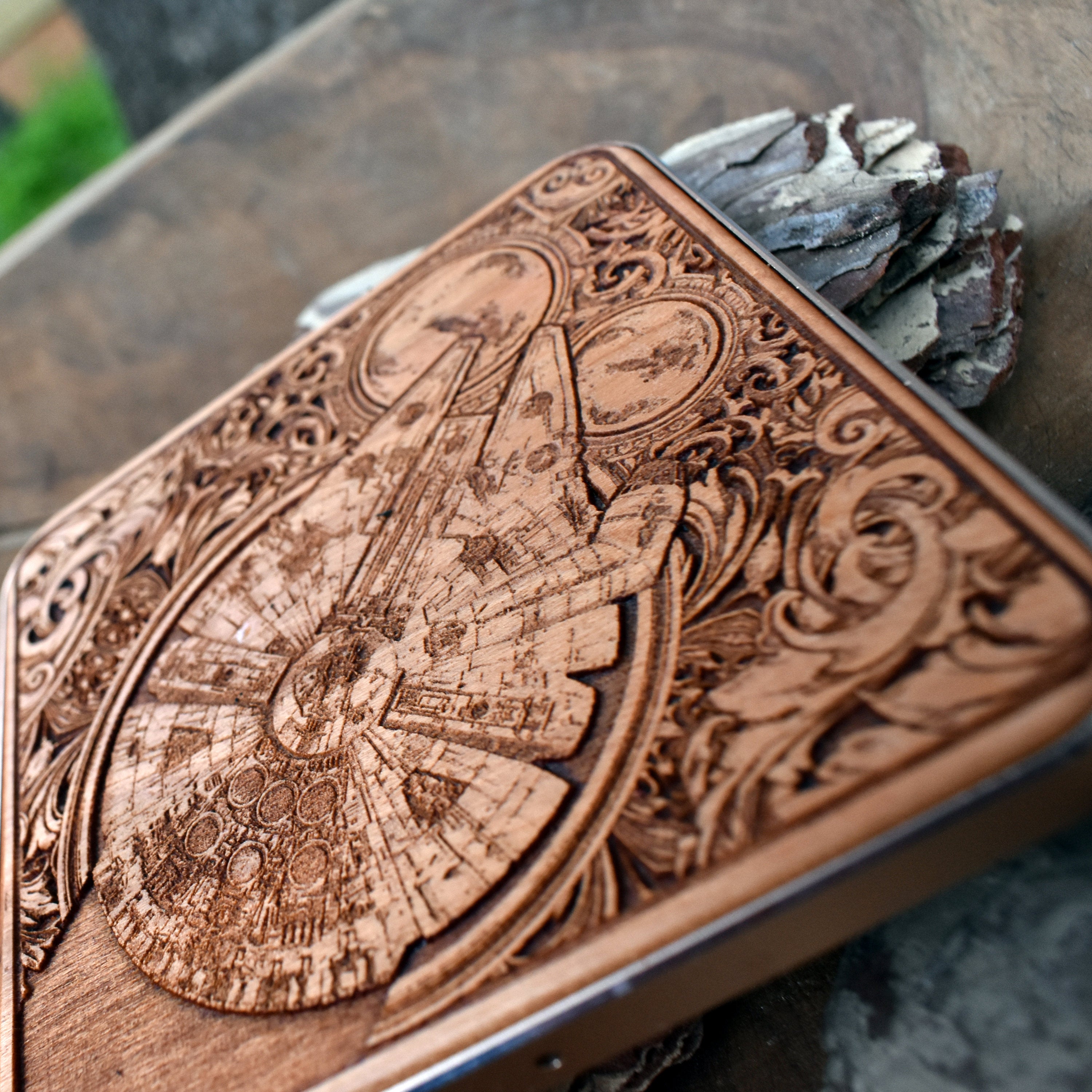 Overhead display of Star Wars-inspired ships engraved on charger.