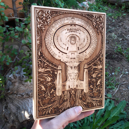 Star Trek wooden artwork, USS Enterprise engraving for fans