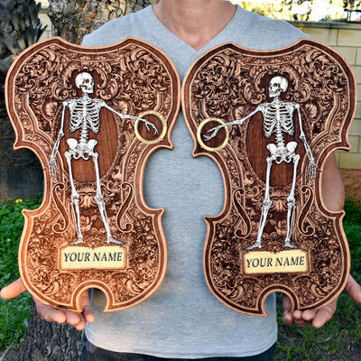 Handmade wooden artwork 'Till Death Tear Us Apart - Gothic Violins' – wood gift for 5 year anniversary, wedding present, gift for him or her, romantic handcrafted decor