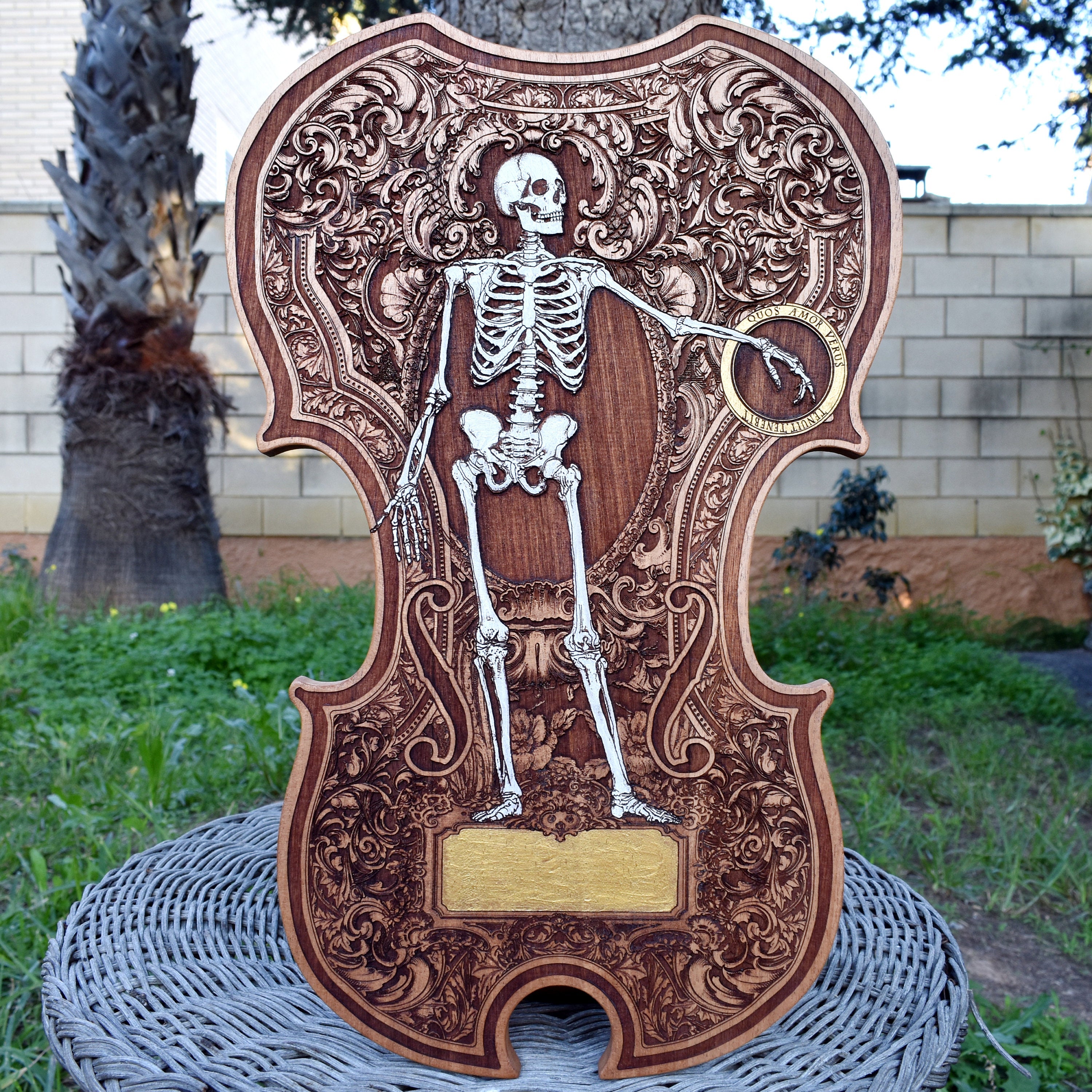 Unique violin-shaped wooden décor with ‘Until Death’ engraving, perfect for weddings