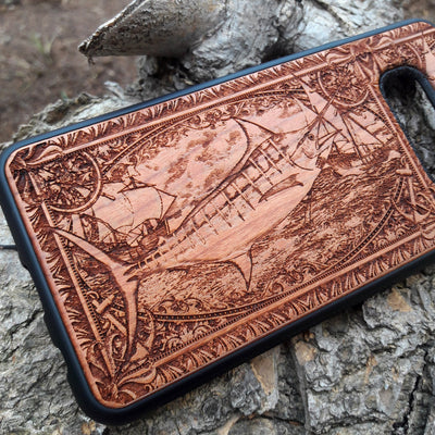 Wooden phone case featuring a detailed Blue Marlin fish design, perfect for iPhone , iPhone 15, Galaxy S, Note 20, and more. Ideal for lovers of nautical art and the ocean.