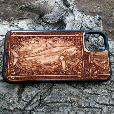 Wooden phone case featuring an intricately carved Mako Shark design, ideal for iPhone , iPhone 15, Galaxy S23, S22 Ultra, and other models. Perfect for marine wildlife lovers and nautical art enthusiasts.