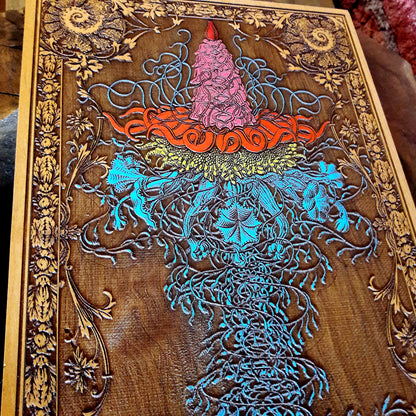 Nautical wooden artwork with engraved Ernst Haeckel sea creatures